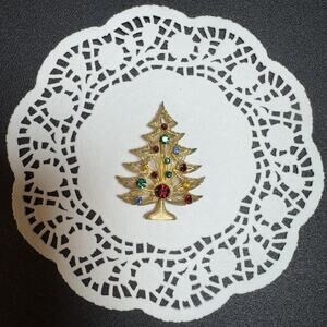 Vintage Brooks Gold Wire Christmas Tree Multi-Color Rhinestone Brooch Pin MCM